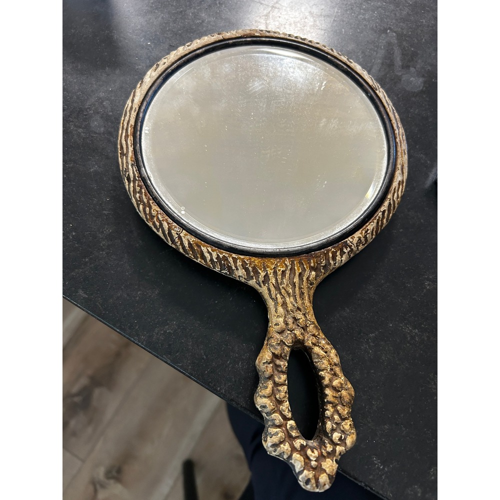 Antique Victorian Sterling and Faux Antler Wood Beveled Glass Hand Mirroror - Picture 3 of 5